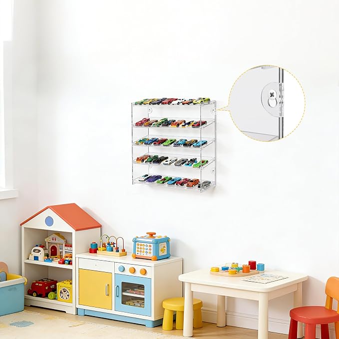45+ Toy Cars Display Case, 5 Tier Plastic Wall Mount Storage Case for 1:64 Scale Toy Cars & Matchbox Cars, Diecast Cars Storage Organizer, Toy Car Display for Collectors & Kids
