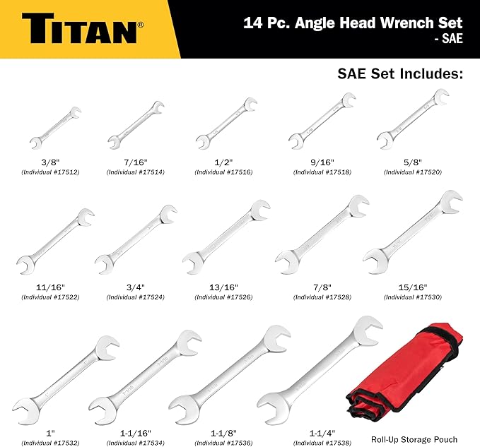Titan 17283 14-Piece SAE Angle Head Open End Wrench Set, Sizes from 3/8" to 1-1/4", V-Groove Design, Chrome Vanadium Steel Construction