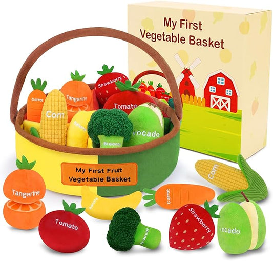 My First Fruit Vegetable Basket Plush, Baby Felt Play Food Set with 8 Pcs Fruit Vegetable Plushies for Toddlers, Montessori Sensory Toy First Learning Baby Birthday Easter Gifts for Boys Girls