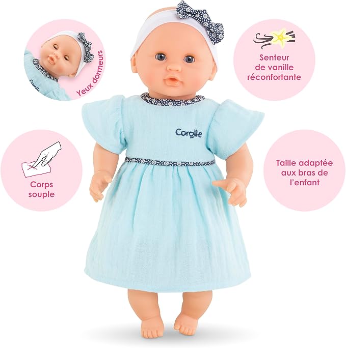 Corolle Bébé Calin Maud - 12" Soft Girl Baby Doll with Vanilla Scent, Blue Outfit & Sleeping Eyes for Girls Ages 18 Months+, Cute Reborn Realistic Baby Dolls for 2 Year Old Girls