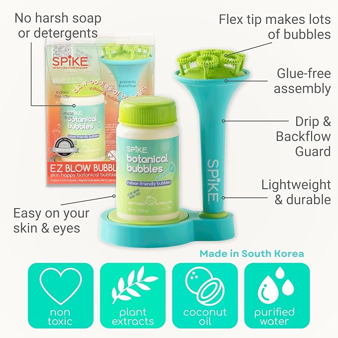 Innobaby Spike Bubble Blower with Mess Free Botanical Bubbles and Dipping Tray - Magic Wand Blows Oodles of Bubbles Without The Mess - Recommended for Speech, Visual & Motor Development - Color: Aqua