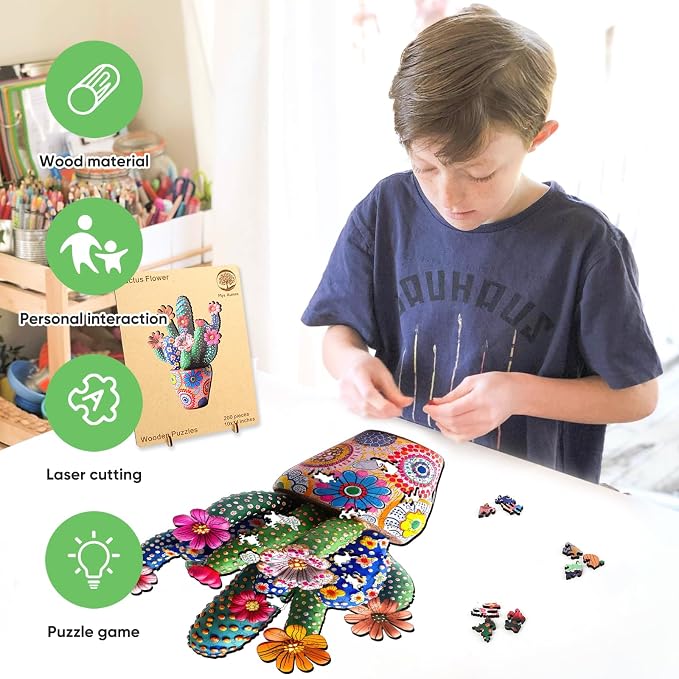 Mys Aurora Puzzles for Adults Cactus Flower Wooden Puzzles, 200 Pieces Unique Shaped Jigsaw Puzzles, FSC Certified Beautiful Birthday Gifts for Kids Friends, Fun Family Game 10''x 14''