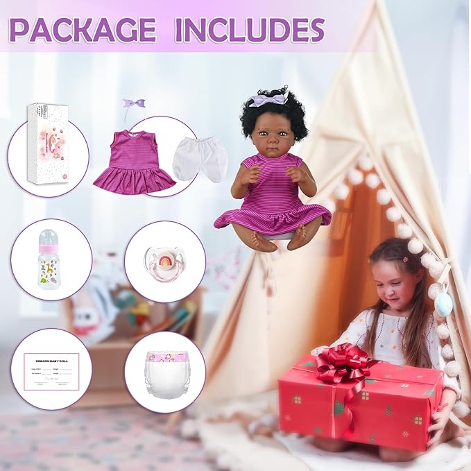 WOOROY Lifelike Reborn Baby Dolls - 20 Inch Black Realistic Baby Doll Girl African American Full Body Vinyl Purple Onesie & Bow Headband with Accessories Gifts for Kids 3+
