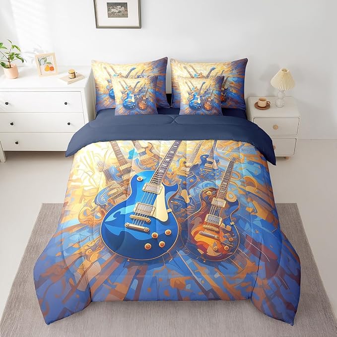 Feelyou Guitar Comforter Set with Sheets Full Size Rock Music Bed in a Bag for Boys Girls Teens Yellow Blue 7 Pieces Bedding Set Soft Lightweight Microfiber