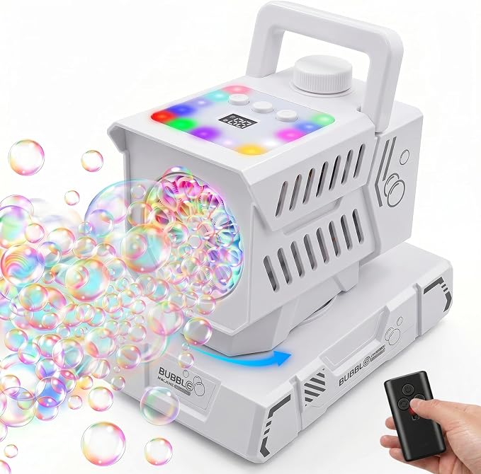 Bubble Machine for Kids, Rechargeable Bubble Blower with Remote & RGB Lights, Automatic Rotating Battery Bubble Maker for Birthday Parties, Weddings, Outdoor Activities