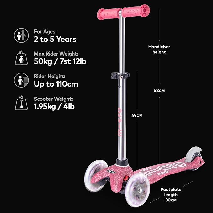 Micro Kickboard | Mini Deluxe Glitter LED Kids Scooter for Ages 2–5 | Children up to 110 lbs | 3 Wheel Lean-to-Steer Design | Adjustable T Bar | Motion-Activated PU LED Wheels | Swiss Design