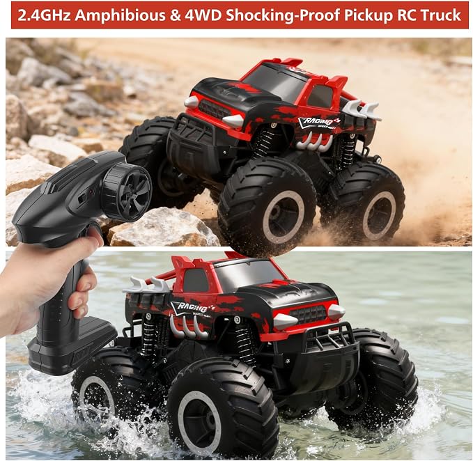 HOMETALL Amphibious Remote Control Car Monster Truck Toys - 1:16 All Terrain RC Trucks High Speed RC Cars with Crashworthy Body,Off- Road Electric Vehicle Kid Toys for Boys and Girls,Age 6+,Red