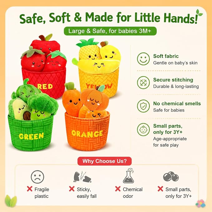 Montessori Baby Sensory Toys 6-12 Months - 16PCS Soft Plush Fruits & Vegetables Basket with Crinkle, Rattle & Color Sorting, Fine Motor Skills Learning Toy for 1 Year Old Toddlers Boys Girls