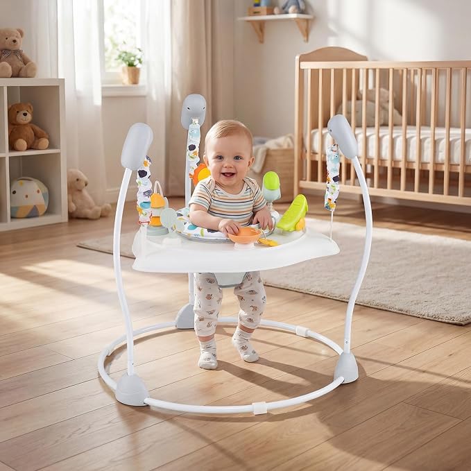 BABY JOY Baby Activity Center, Baby Jumpers and Bouncers with Music, 360° Rotating Seat, 3 Adjustable Heights, Montessori-Inspired Activity Center for Baby 7-15 Months (White)