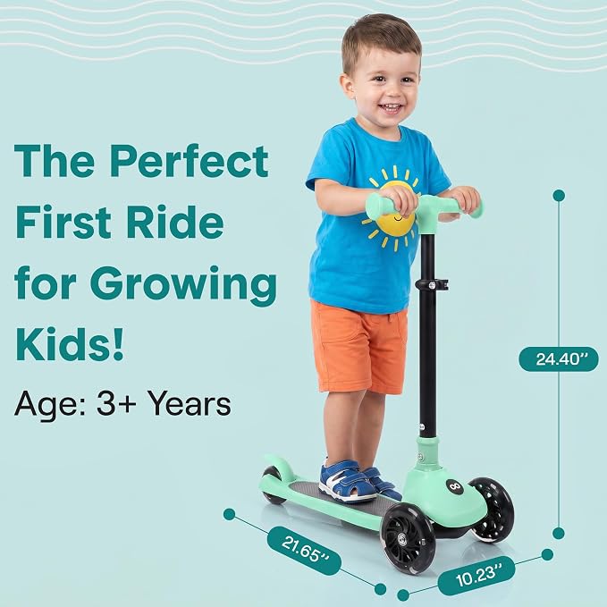 SereneLife Toddler Scooter, Adjustable Micro Scooter for Ages 2-5, Lightweight Kids 3 Wheel Design with LED Light-Up Wheels, Anti-Slip Deck & Lean-to-Steer Control, Indoor/Outdoor Use (Mint Green)