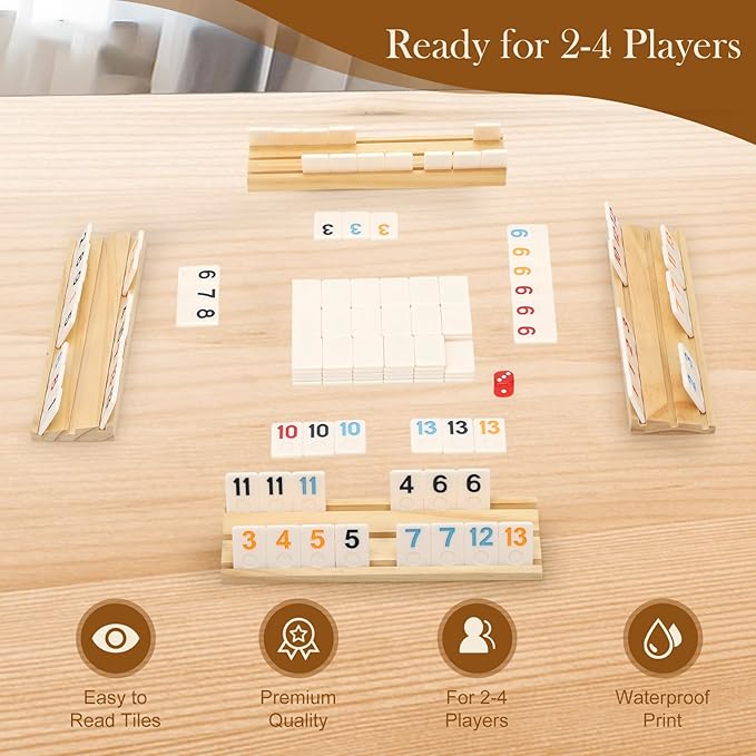Soopotay Upgraded 2-4 Players Rummy Game, 106 Melamine Tiles, 4 Wooden Racks, Premium Portable Case, Drawstring Bags, Tile Board Games for Adults, Birthday Gifts for Men Women Dad Mom