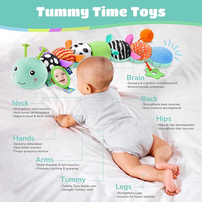 AWOTOY Baby Sensory Toys Music Caterpillar Plush Infant Toys 0 6 12 Months | Stuffed Animals Tummy Time Teething Toys with Mirror Pull String Rattle Baby Toys for Newborn Boy Girl Shower Birthday Gifts