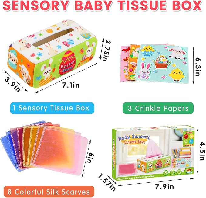 Easter Baby Toys - Easter Basket Stuffers for Babies 6-12 Months - Baby Tissue Box Toy Montessori Soft Stuffed Bunny High Contrast Crinkle Infant Sensory Toys 6 7 8 9 Months Easter Boy Girl Gifts
