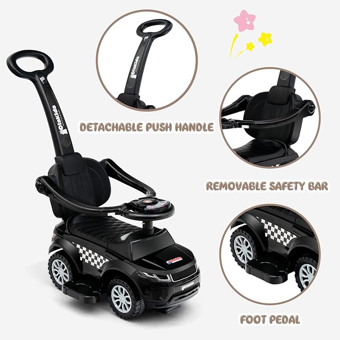OLAKIDS 4 in 1 Ride on Push Car, Toddlers Stroller Sliding Walking with Horn, Music, Lights, Removable Guardrails and Handle, Underneath Storage, Foot-to-Floor Walker for Boys Girls (Dark)