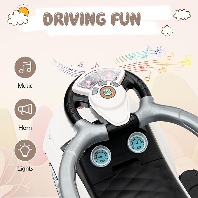 OLAKIDS 4 in 1 Ride on Push Car, Toddlers Stroller Sliding Walking Toy with Horn, Music, Lights, Removable Guardrails Handle, Underneath Storage, Foot-to-Floor Walker for Boys Girls (Ivory White)