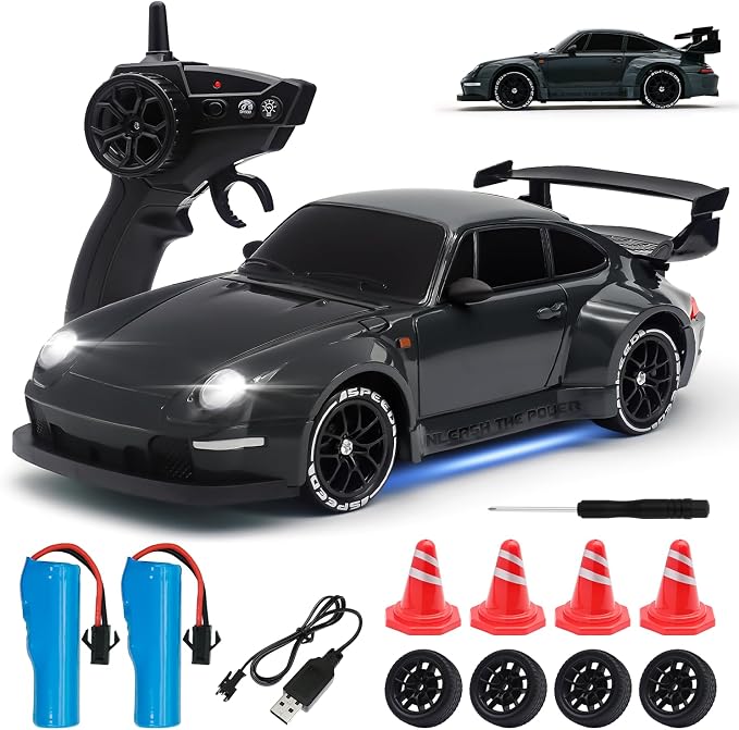 RC Drift Car,1:24 Scale Remote Control Car, 2.4GHz 20KM/H 4WD High Speed RC Cars for Kids with LED Light, Two Batteries,Drifting Tires,Racing Vehicle Toy for Adults Boys Girls Gray
