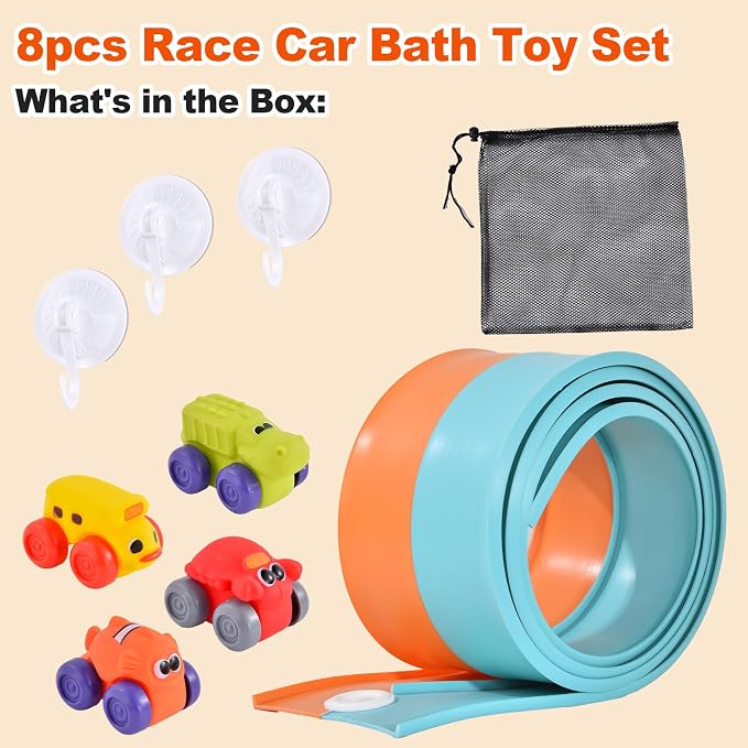 5 Ft Race Car Bath Toy Set, Toddler Bath Toys, Race car Set for Kids Ages 3+, Bathtub Time Birthday Gift for Boys & Girls, Including Mesh Storage Bag and 3 Suction Cup (Orange)