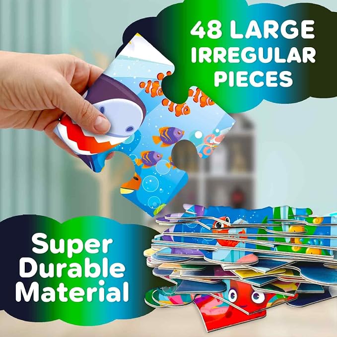 QUOKKA Giant Floor Puzzles for Kids Ages 4-6 – 2x3 Ft Glow in the Dark Jumbo Jigsaw Puzzles for Kids Ages 3-5 – 48 Large Pieces MaDeep Ocean Adventure Scene for 4-8 yo – Toy with Gift Box for Toddlers