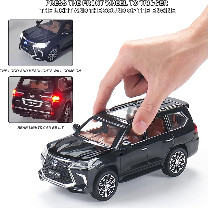 Diecast car Model 1/24 Scale - Zinc Alloy Pull Back Toy car with Sound and Light, Collectible Toys Vehicle for Adults and Boys Girls (Black)