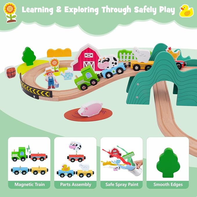 SIMPLIPLAY Wooden Train Set for Toddlers - 49PCS Farm Montessori Train Sets, Wooden Train Track for Toddlers 3-5 with Bridge & Cute Farm Animal Toys, Gifts for 3 4 5 Years Old Girls & Boys | Montessori Magnetic Train Set for Toddlers 3-5 with Bridge & ...