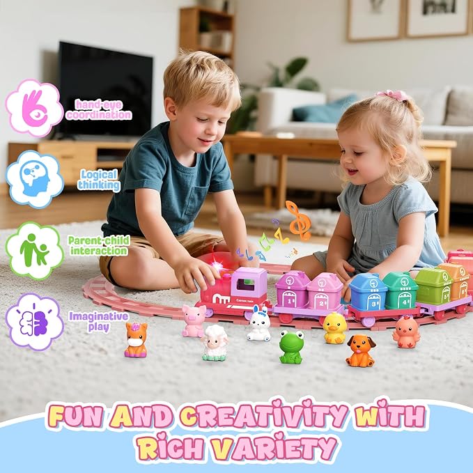 Train Set for Toddlers 2-4, Electric Toddler Train Set with Farm Animals, Music & Lights, Montessori Counting & Sorting Learning Toy, Birthday Easter for Boys Girls (Pink)