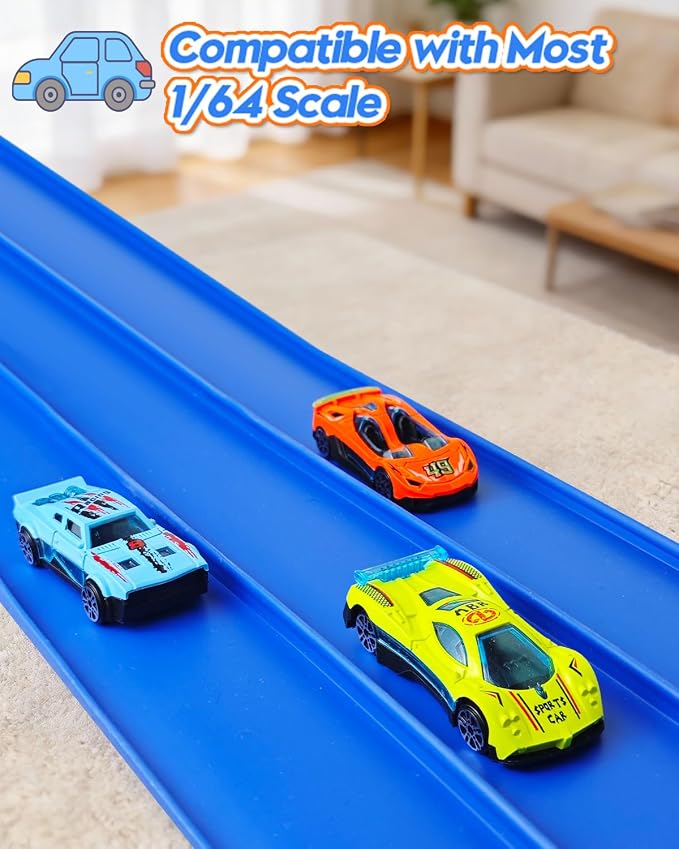3-Lane Flex Track 15 Ft Flex Race Car Track with 6 Toy Cars,Portable DIY Racetrack Compatible Diecast 1/64th Cars for Ages 3 Up,Birthday Gifts for Boys (Dark Blue-2)