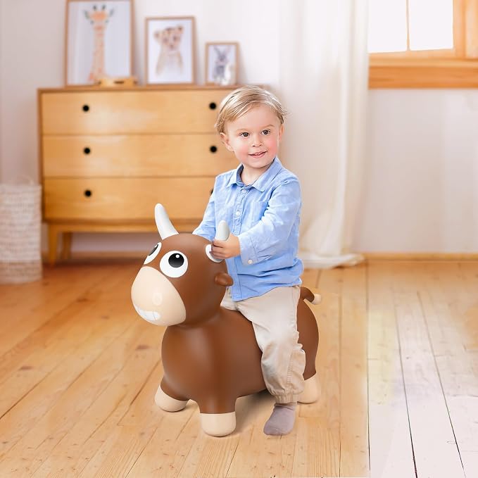 ZOOJOY Bouncy Animal Hopping Toys, Inflatable Brown Bouncy Hopper for Toddles, Outdoor Indoor Bouncing and Riding Bull Toys for Boys Girls, Birthday Gifts for 18 Months 2 3 4 5 6 Yrs w/Pump