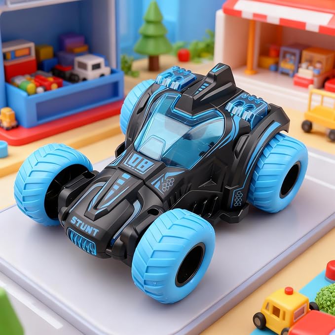 Friction Powered Flip Stunt Car, Push and Go Toy Car with 360° Upright Spin, Dual-Sided Rotating Off-Road Vehicle, No Batteries Required, Toy Car for Boys & Girls Ages 3 (Blue)