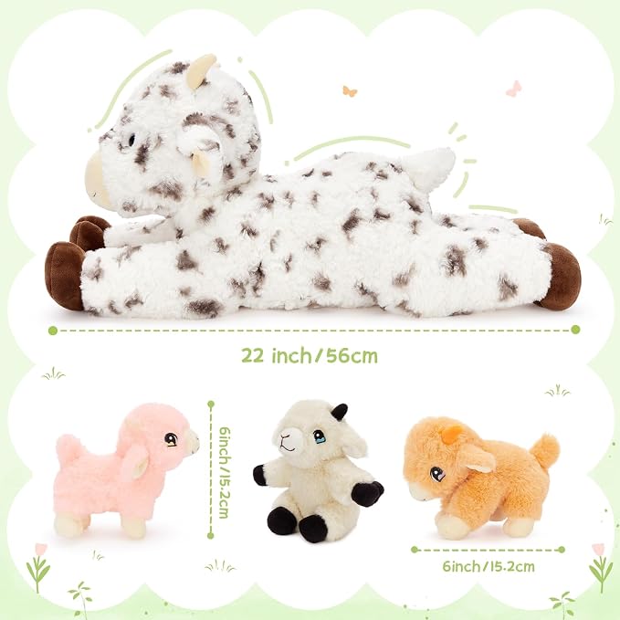 Tezituor Large Lamb Stuffed Animal Toys Sets, 22 Inch Mommy Spot Lamb Plush with 3 Cute Babies in Zippered Tummy,Soft Cuddly 4Pcs Sheep Stuffy,Farm Goat Plushie Gifts for Christmas Birthday Easter