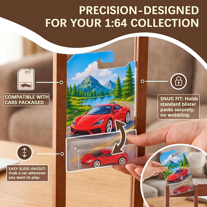 Sintuff Wood Model Car Display Case Wall Mount, 50 Slots Toy Car Organizer for 1: 64 Scale Carded Die-cast Cars, Hanging Storage Rack for Collections Lovers