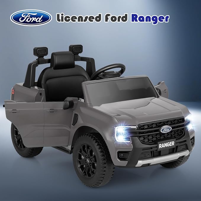 Licensed Ford Ranger Ride on Pickup Truck by INFANS, 12V Battery Powered Electric Vehicle for Kids with Remote Control, Headlight, Power Display, Bluetooth, MP3, Music, Aged 3-6 Years (Gray)
