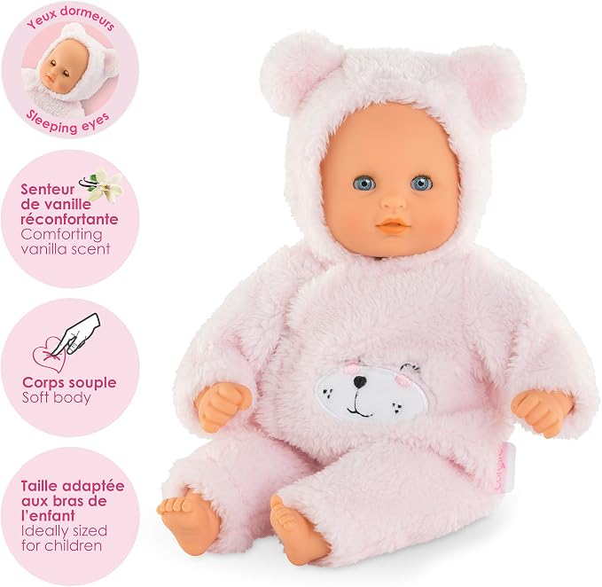 Corolle My First Baby Doll Cuddly Teddy Bear - 12" Soft Boy Baby Doll with Vanilla Scent, Pink Bear Outfit & Sleeping Eyes for Girls, Cute Reborn Realistic Baby Dolls for 2 Year Old Girls