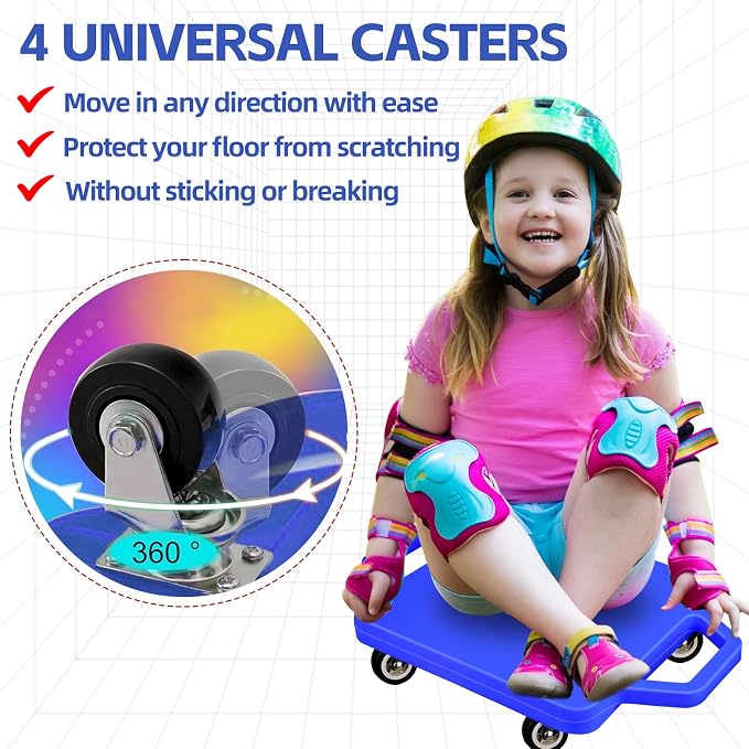2 Pcs Sports Scooter Board with Handles Colored Floor Sitting Scooter Board with Plastic Casters for Kids Gym Indoor Outdoor Activities Play Equipment