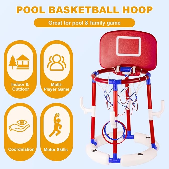 Taotuo Red Floating Pool Basketball Hoop with Backboard, 2-in-1 Poor Toy Basketball & Ring Toss Game with 4 Balls, 6 Rings&Pump, Summer Pool Toys Indoor&Outdoor Water Fun Family Party for Age 3-12