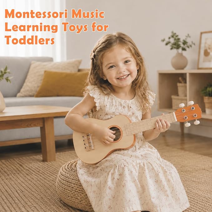 Kids Guitar Set, 6-in-1 Musical Instruments Set for Toddlers 2-3, Montessori Wooden Music Toys with Ukulele/Xylophone/Tambourine/Maracas, Birthday for Ages 2+ Girls Boys