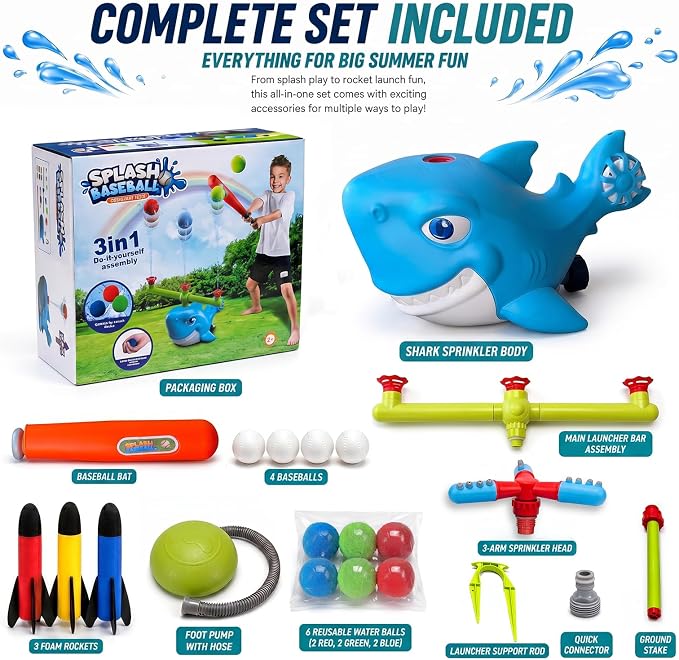 Shark Water Sprinkler Toy for Kids Ages 3-8, 4-in-1 Splash Baseball T Ball Set with Rocket Launcher, 360 Degree Sprinkler and Water Balls, Outdoor Backyard Summer Toy for Boys Girls