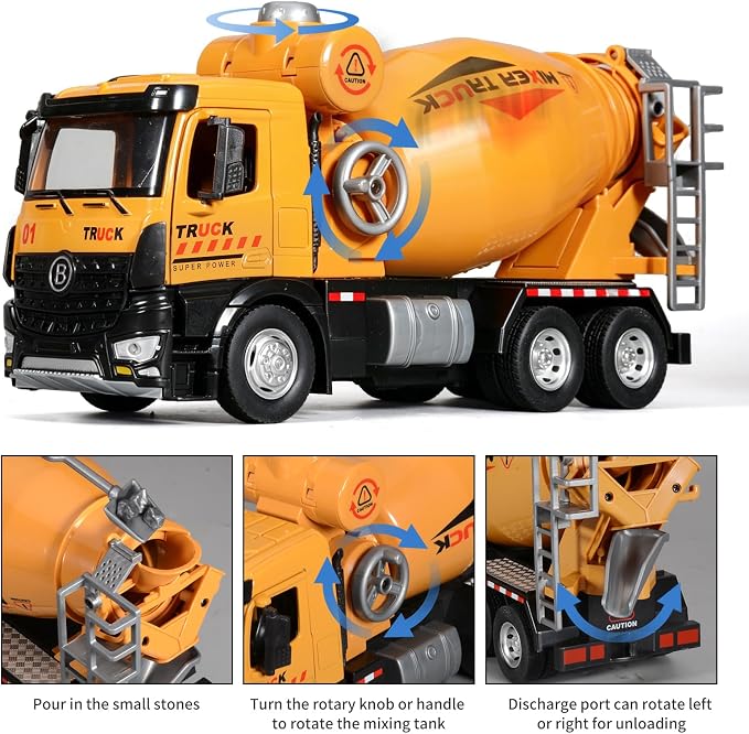 Cement Mixer Toy Truck Diecast Metal Cab Construction Truck Toys for Kids Boys and Girls Pull Back Cement Mixer with Lights and Sounds Construction Trucks for Toddlers 3-5