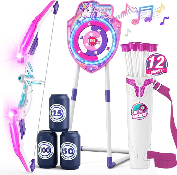 HYES Bow and Arrow for Kids, LED Light Up Unicorn Archery Set with 12 Suction Cup Arrows, 1 Standing Glow Target, 3 Score Targets & 1 Quiver, Indoor Outdoor Sport Toys for Boys Girls Ages 4-12