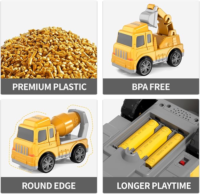 Bennol Construction Truck Toys for 1 2 3 4 5 Years Old Boys Toddlers, Cars Toys Gifts Construction Trucks with Excavator Crane Mixer Bulldozer, Toddler Car Toy Set for Kids Boys Girls