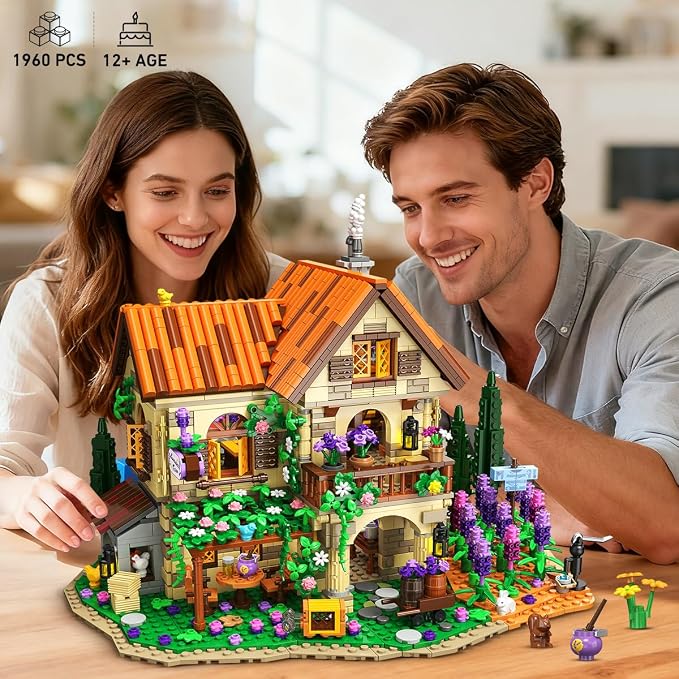 INSOON Lavender Cottage House Building Set with Lights, 1960 PCS Cozy Lavender Flower Garden Home Decor, Romantic Manor Construction Collection Building Kit, Gift for Adults Teens Boys Girls 12+