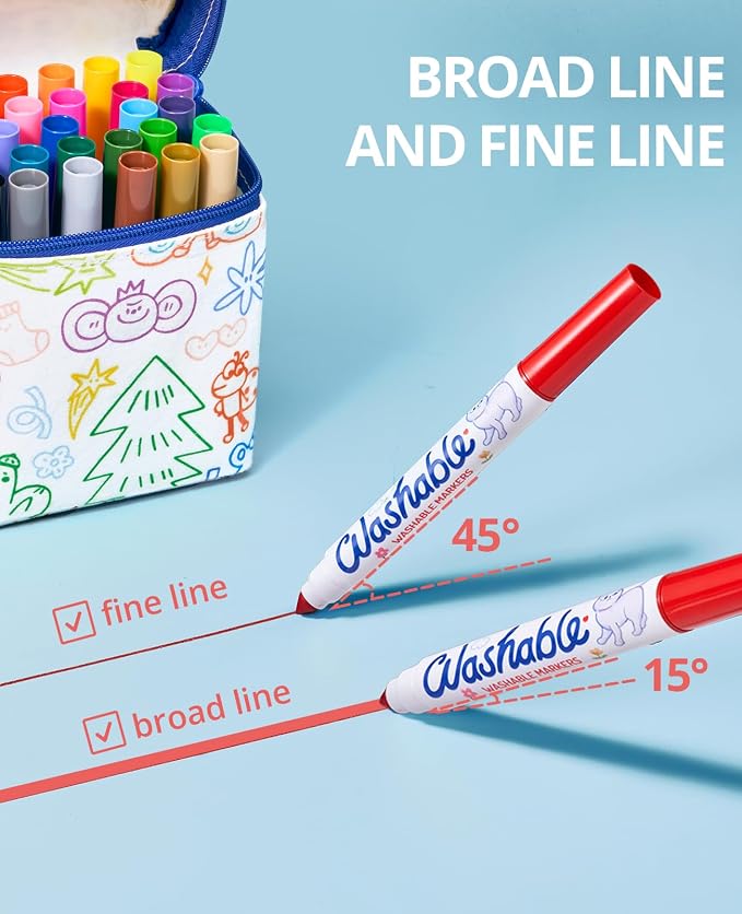 JoyCat 30 Colors Washable Markers for Kids with DIY Coloring Fabric Case, Portable Art Set with Paintable Tote Bag, Non-Toxic School Supplies, Creative Birthday Gift for Boys Girls Ages 3-8