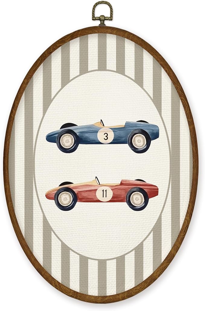 WULQYING Vintage Race Car Boy Nursery Wall Art Decor, Kids Oval Framed Canvas Art Prints, Neutral Striped Car Vehicle Wall Hanging Decor for Kids Toddler Boy Nursery Room Playroom, 8.5x11.4 Inches