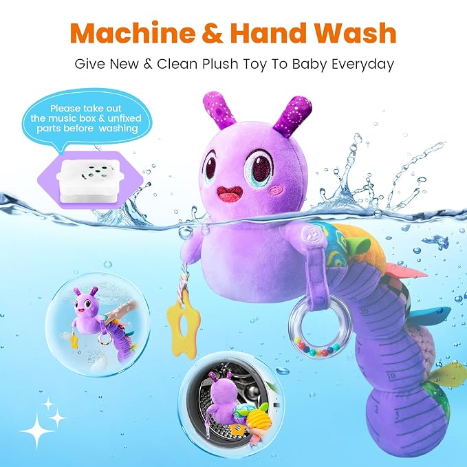 GoGonova Musical Caterpillar Baby Sensory Toy for Infant Development 0-12 Months – Tummy Time Crawler & Teether – Newborn Bath, Car Seat, Stroller & Bassinet Activity Toy & Gift(Purple)