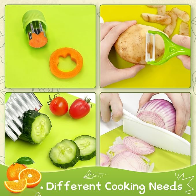 Chanking 21 Pieces Kids Safe Knife Set for Real Cooking Child-Friendly Plastic Chef Tools Montessori Kitchen Toys for Toddlers Birthday Gifts for Boys and Girls Ages 4+ (A)