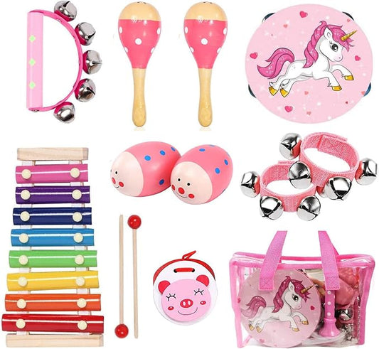 Kids Musical Instruments Sets, Non-Toxic Musical Toy, Wooden Percussion Instruments Toys Tambourine Xylophone for Kids Playing Preschool Education, Promotes Early Learning for Boys Girls Gift