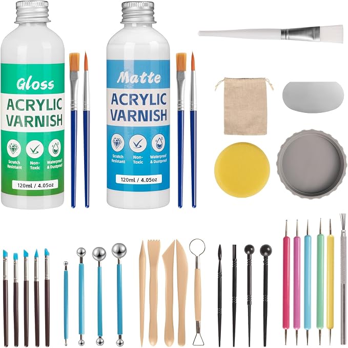 Sovol 240ml Air Dry Clay Glaze with 33pcs Clay Tools kit, Gloss & Matte Clay Varnish Protects Clay from Wear, Cracking, Scratches, Pottery Tools for Stippling, Carving, Molding, Shaping Clay Crafts