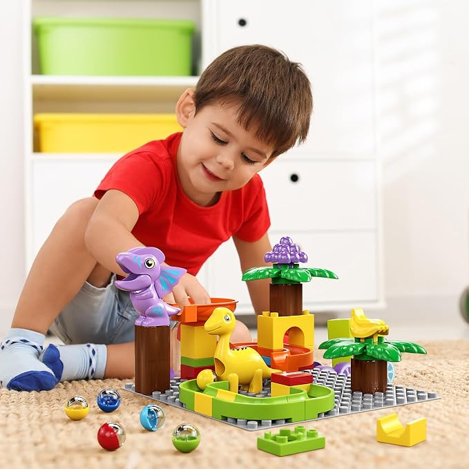Kids Marble Run Building Block Dinosaur, Montessori Learning Resources STEM Toy Bricks Maze Puzzle Set Race Track Compatible with Major Brands for Age 3 4 5 6 7 8+ Boys Girls Birthdays