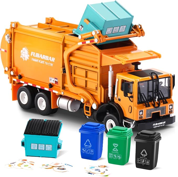 FUBARBAR Truck Toy Model – 1:43 Diecast Metal Garbage Recycling Waste Transport Truck with Trash Bin, Pull Back Model Car Toy for Kids 4-6 Age Boys Birthday Gift (Orange)