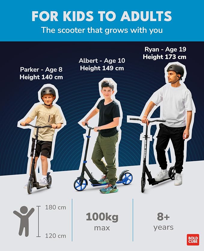 BOLDCUBE Big 2 Wheeler | Scooter for Kids & Teens Ages 7+ Years | Play & Commute | Front Suspension Fit with 200MM Wheels | Height Adjustable 86 to 111 cm