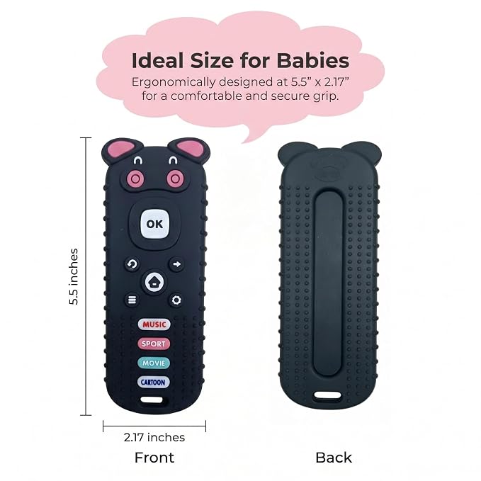 SOLIFEGOBLE Remote Control Teether for Babies 3-18 Months, Cute Pig-Shaped Silicone TV Remote Teething Toy, BPA-Free Soft Chew Toy with Textured Buttons, Teething Relief for Infants Boys Girls (Black)